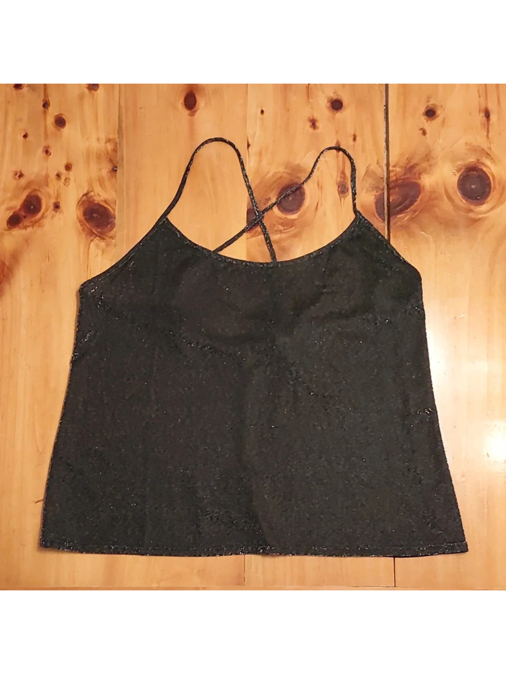 Lilac & London black glittery tank top with criss-cross straps, size L